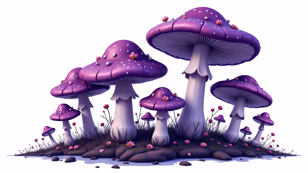Whimsical purple mushrooms with delicate details and a magical atmosphere.