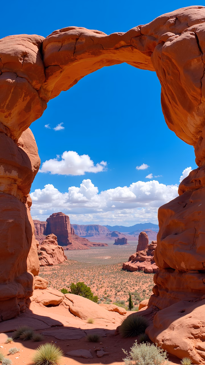 Vibrant red sandstone archway framing the serene Utah desert landscape.