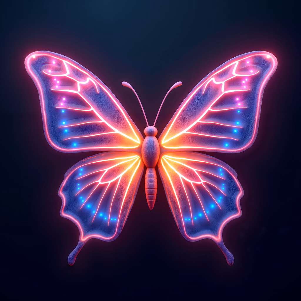 Glowing neon butterfly on a dark background, captivating and magical.