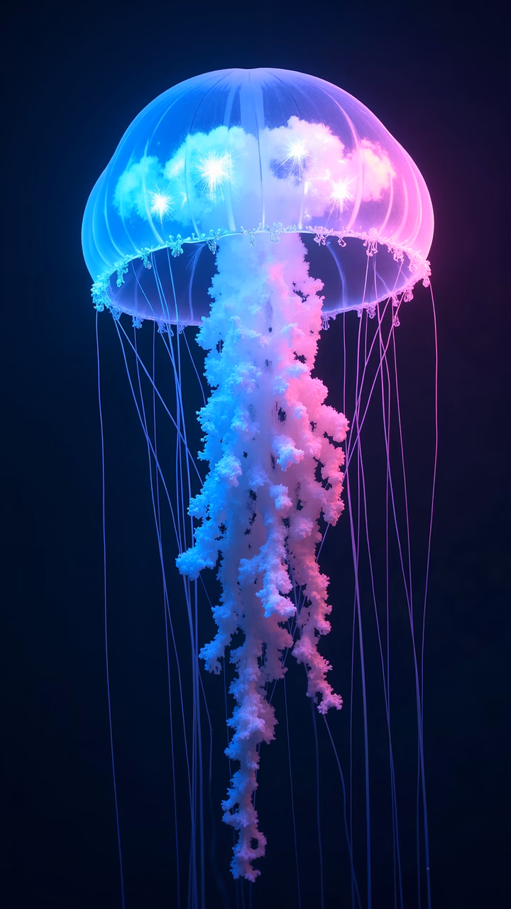 A neon jellyfish with glowing tentacles against a dark backdrop.