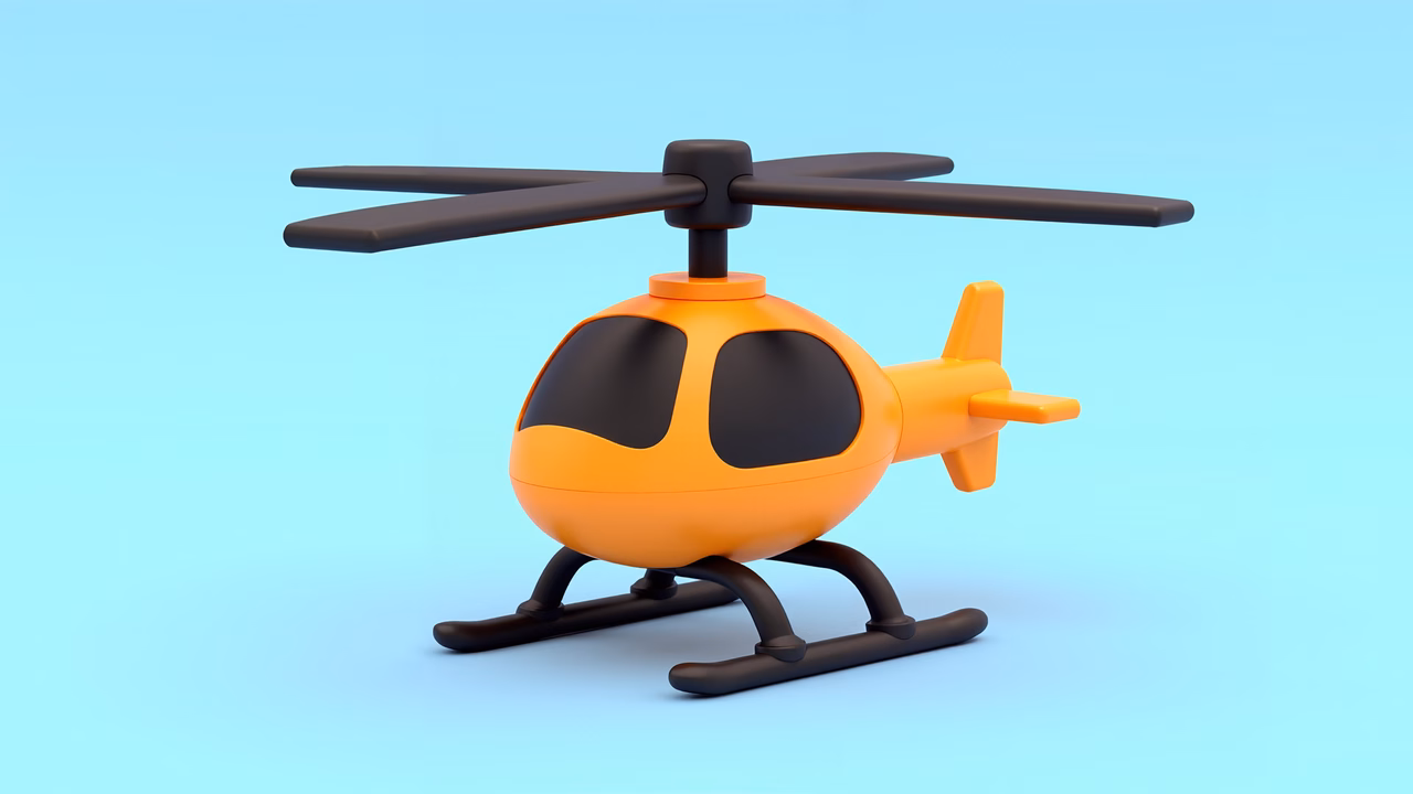 Bright orange toy helicopter on a blue gradient background.