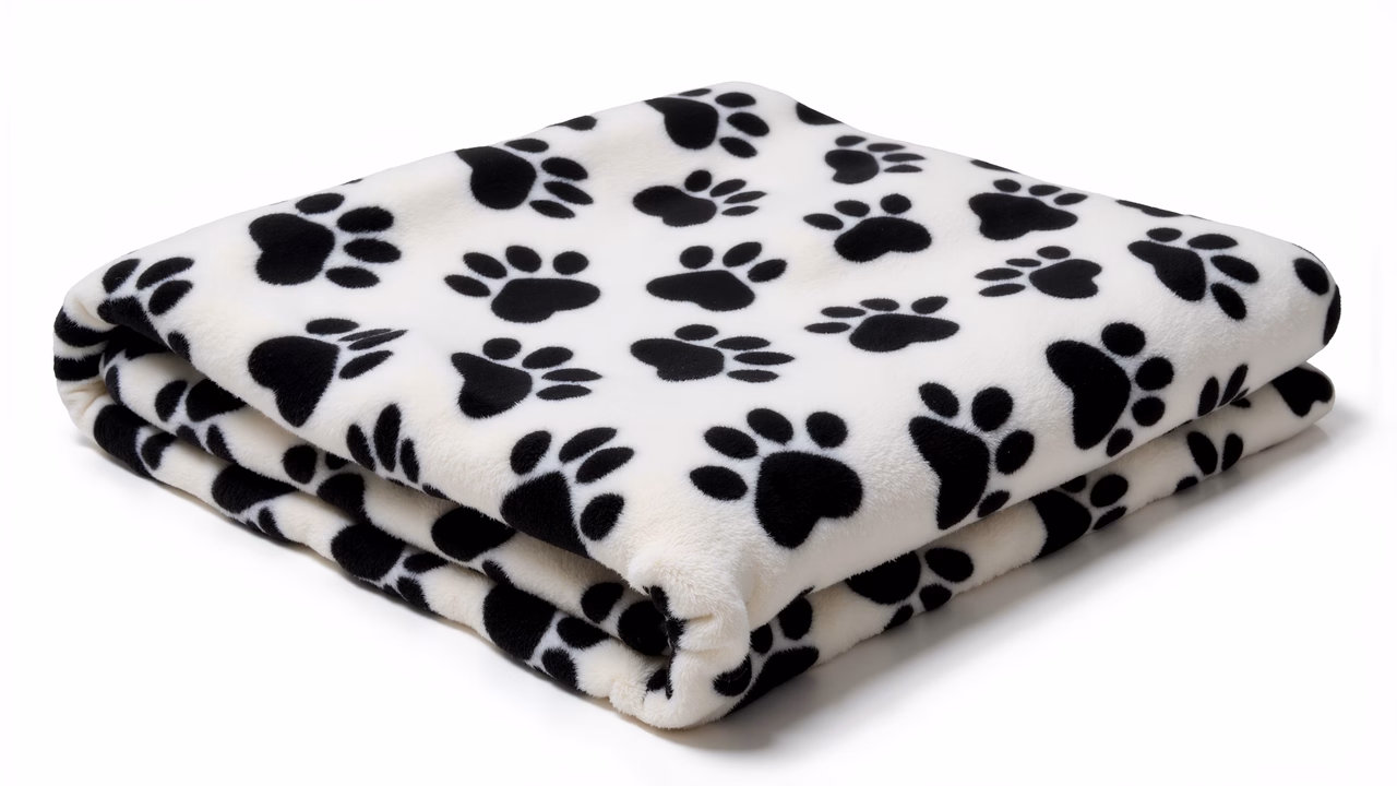 Black paw prints on a white blanket, perfect for pets or as home decor.