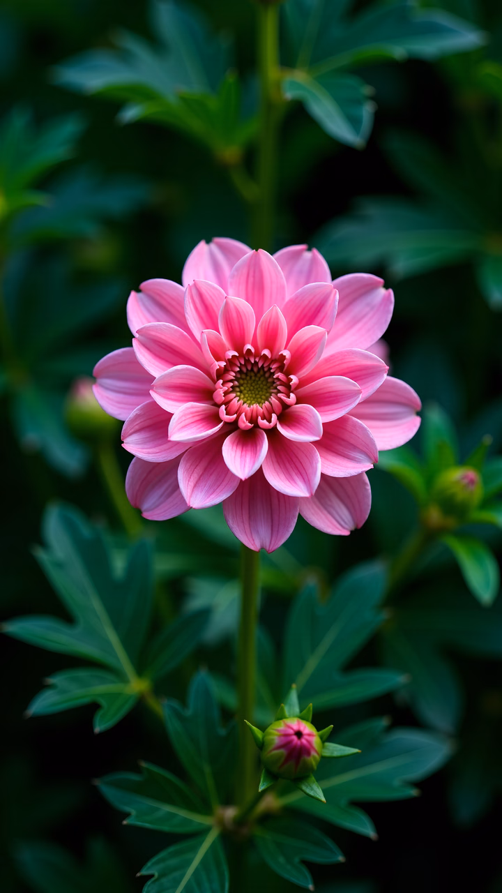 Close-up of a pink dahlia flower with green foliage, showcasing its delicate beauty and vibrant colors.