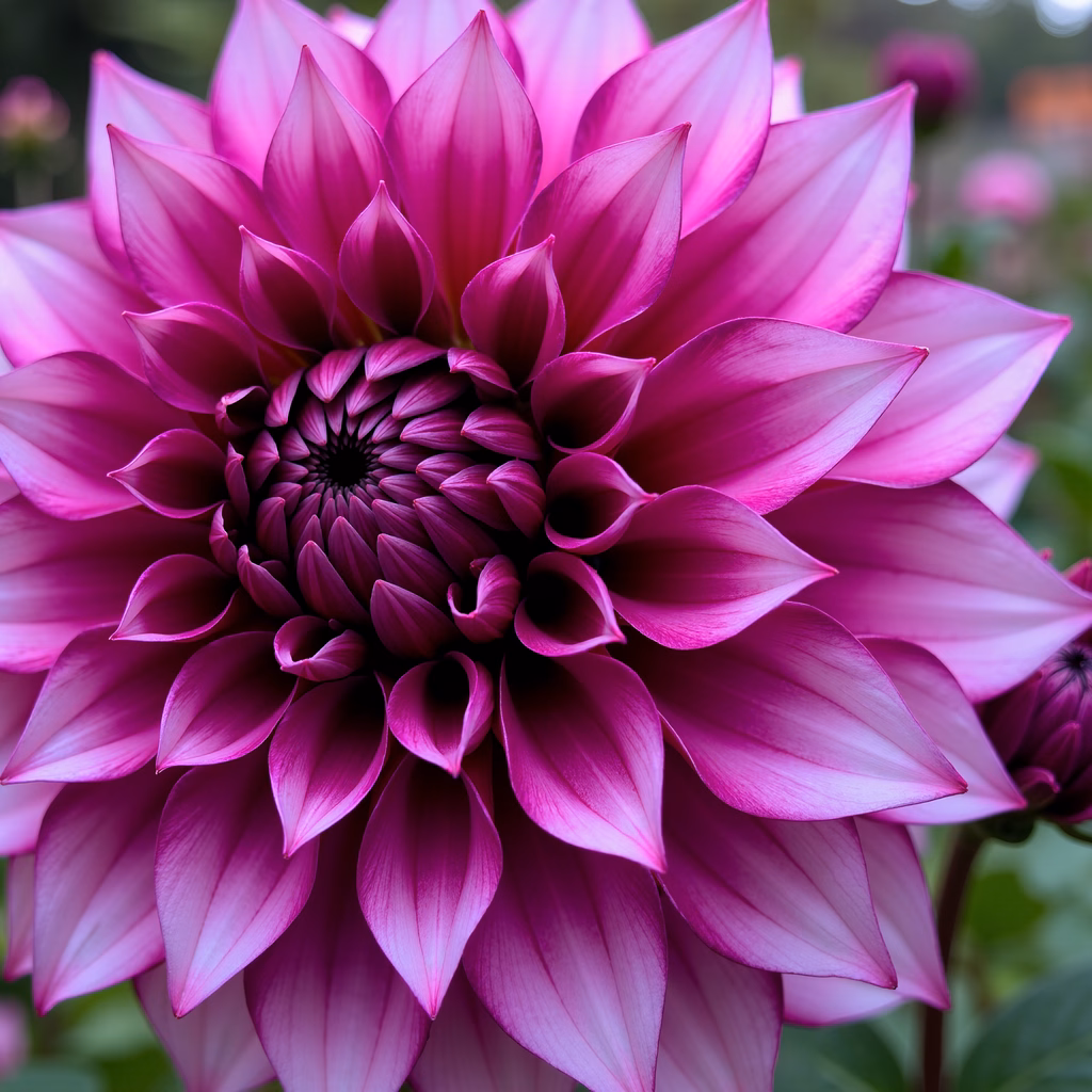 Close-up of a stunning pink dahlia flower with intricate petal layers and a dark center.