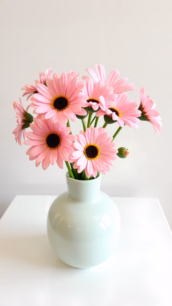 A charming pink daisy bouquet in a white vase, perfect for a minimalist setting.