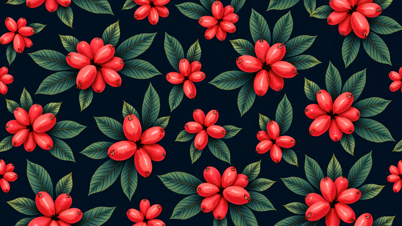 Vibrant red berries and green leaves on a dark background, creating a bold and harmonious pattern.