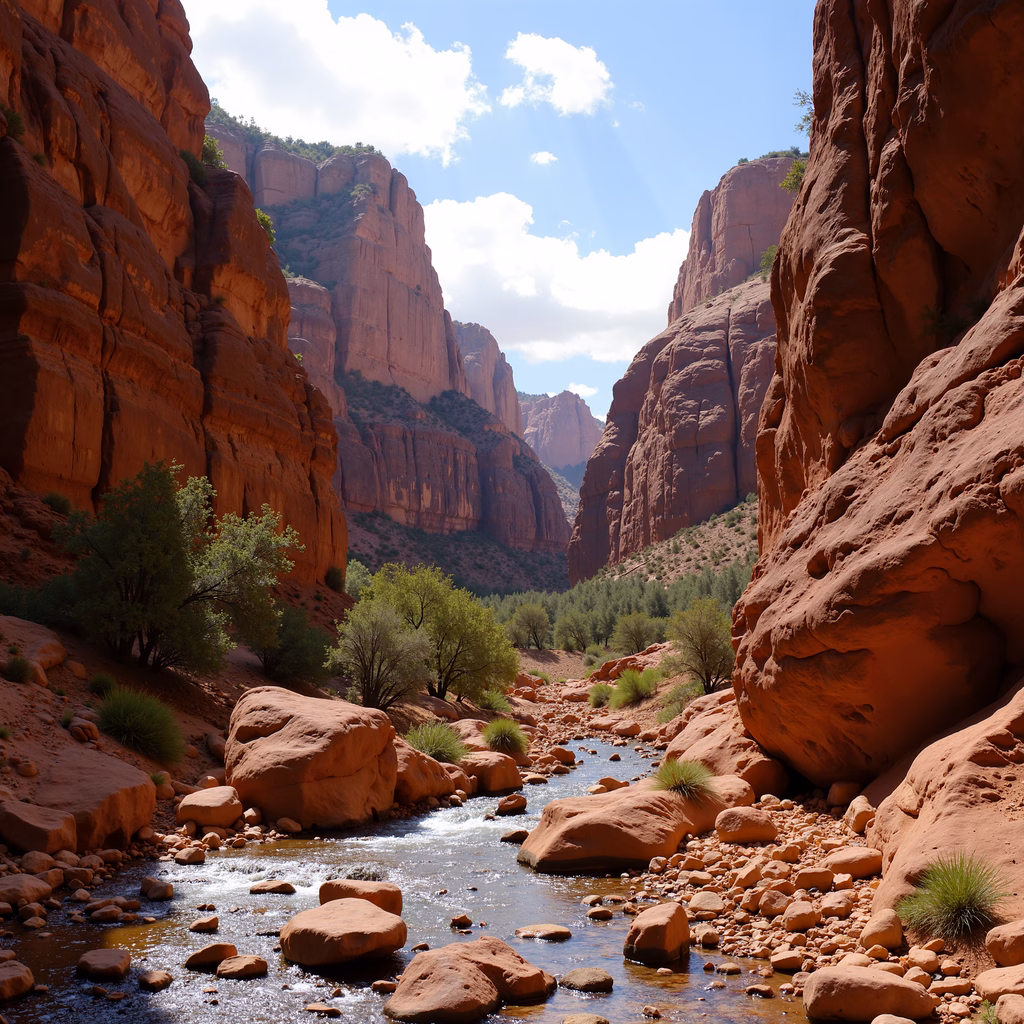 A breathtaking view of red canyon walls and a flowing stream under a sunny sky.