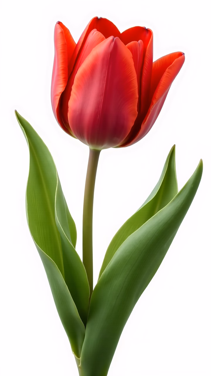 Vibrant red tulip with lush green leaves on a white background.