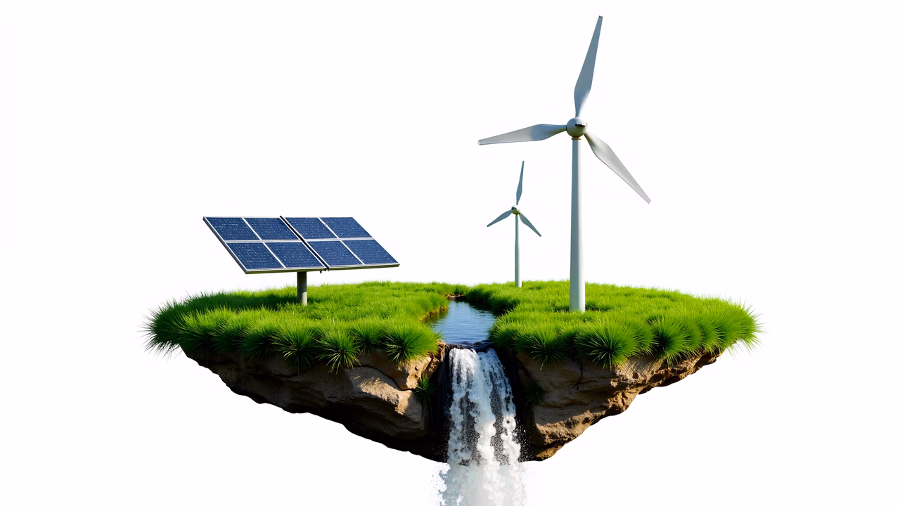A floating island with renewable energy sources symbolizing sustainability and harmony.