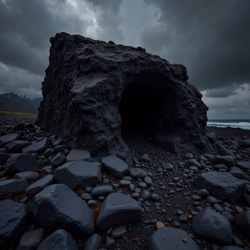 Dark rock archway on a pebble beach under a stormy sky.