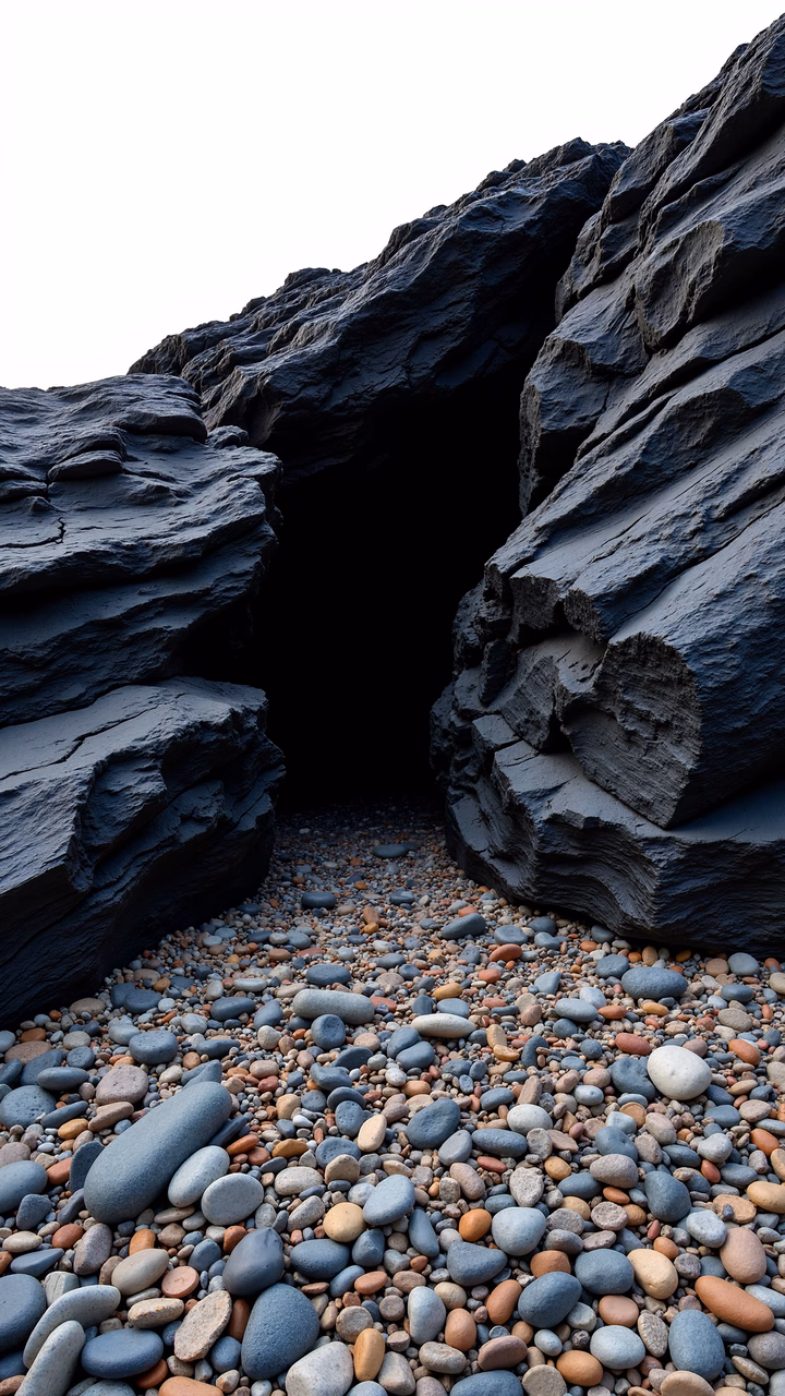 Natural rock formation with pebbled ground and dark cave entrance.