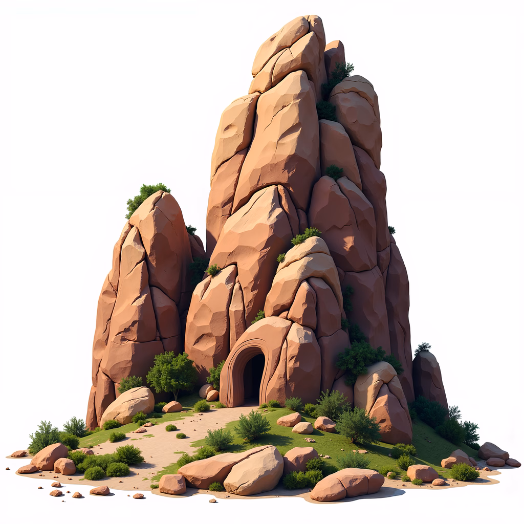 Rugged rock formation with natural archway and lush greenery, evoking tranquility.