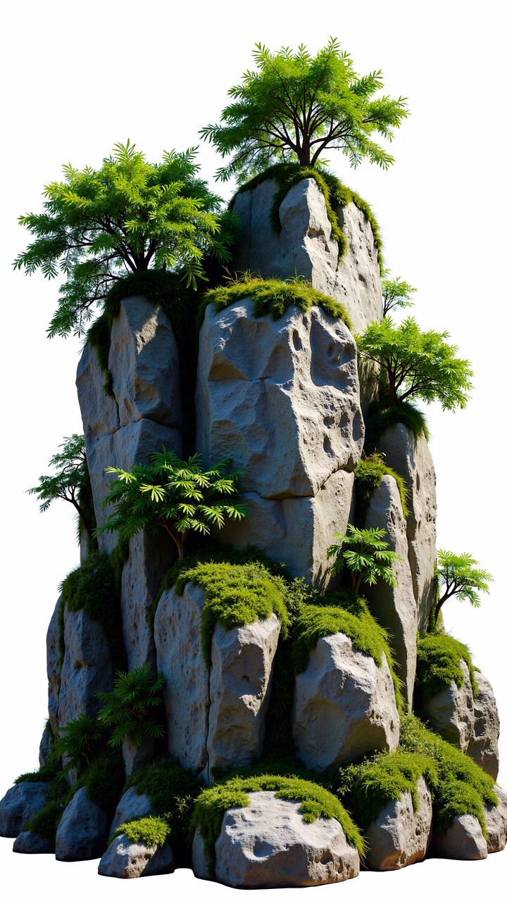 Rugged rock formation with lush greenery, tranquil nature scene