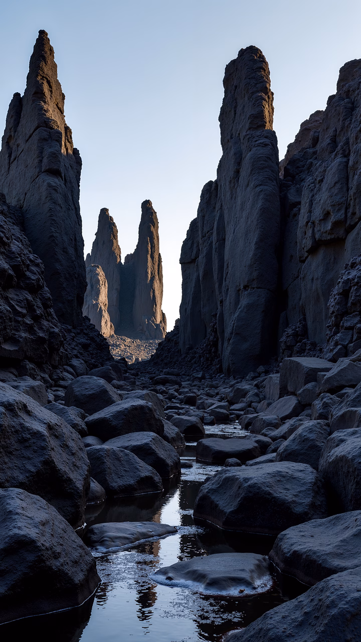 Muted earth tones and a narrow stream in a tranquil rocky canyon.