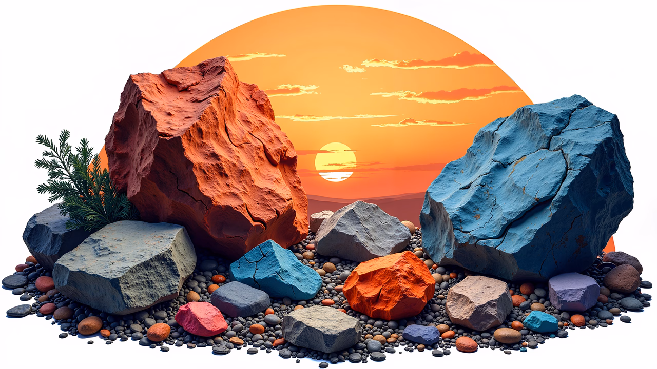 Vibrant rocky sunset illustration with contrasting colors and textures.