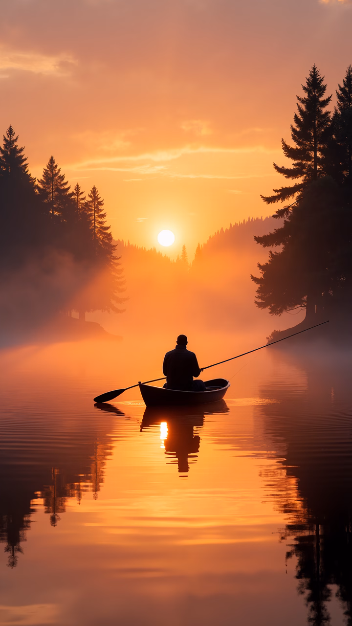 A solitary fisherman enjoys a serene sunset on a misty lake, surrounded by tall pines.