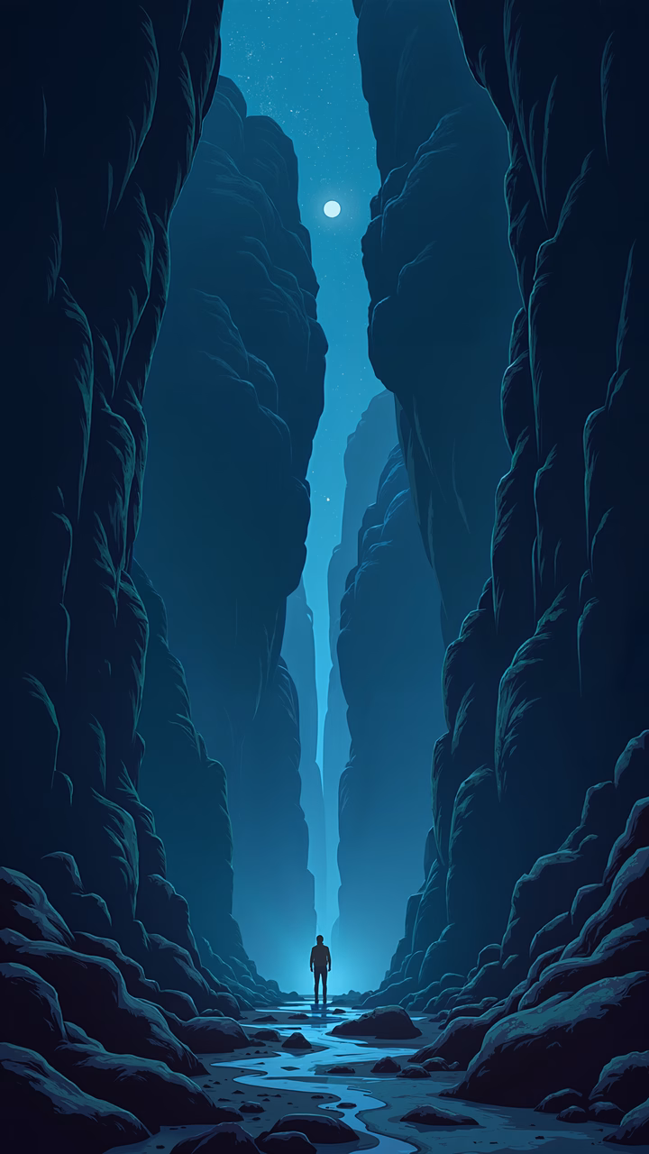 A lone figure stands at the entrance of a narrow canyon under a full moon, evoking themes of solitude and introspection.