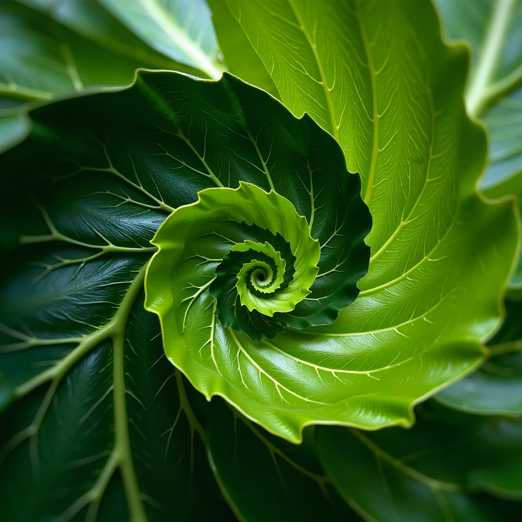Close-up spiral leaf, vibrant greens, intricate details, natural beauty