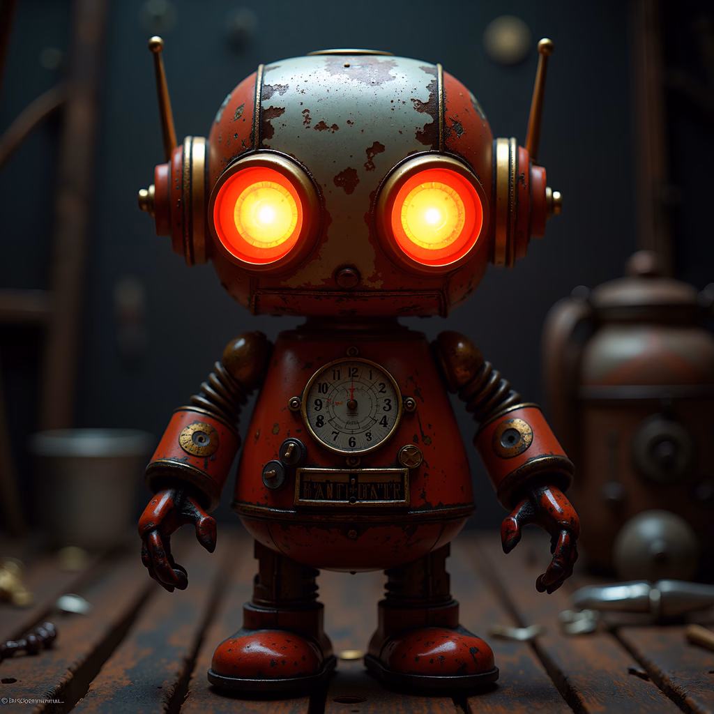 A steampunk robot with glowing eyes and intricate details, evoking a sense of mystery and nostalgia.