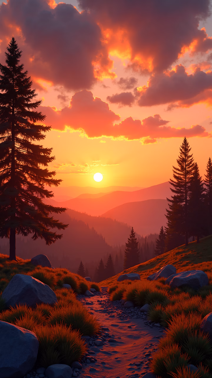 A tranquil sunset scene with a winding path through a forested valley, featuring tall pines and vibrant colors.