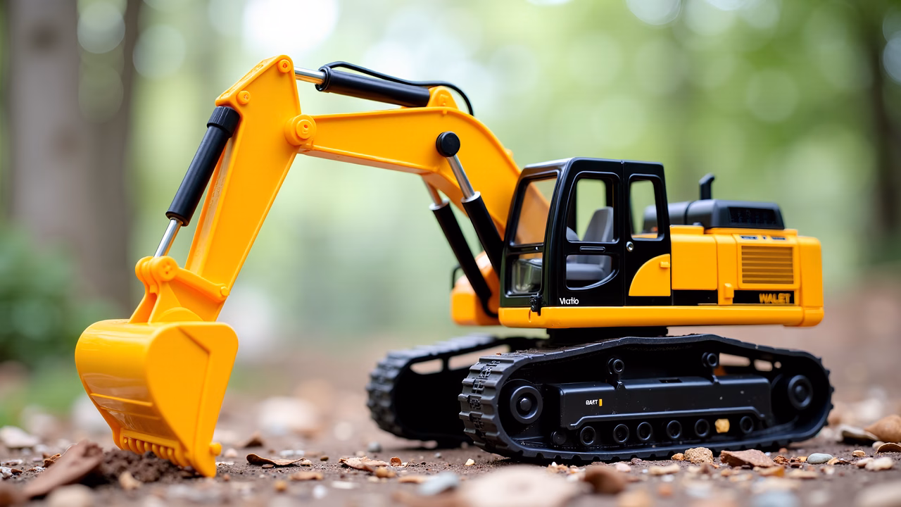 Bright yellow toy excavator on a natural background, perfect for children’s play.