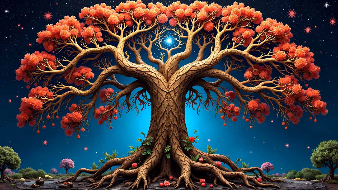 A fantastical tree with red blossoms and intricate roots under a starlit sky.