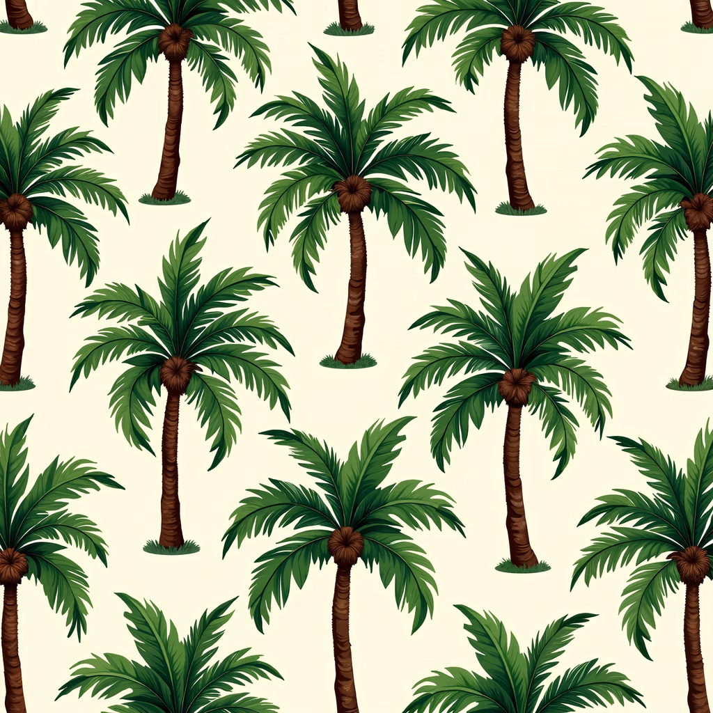 Repeating pattern of vibrant palm trees on a light beige background.