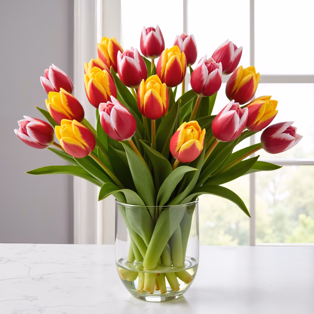 Bright tulip bouquet in a clear vase, perfect for home decor.