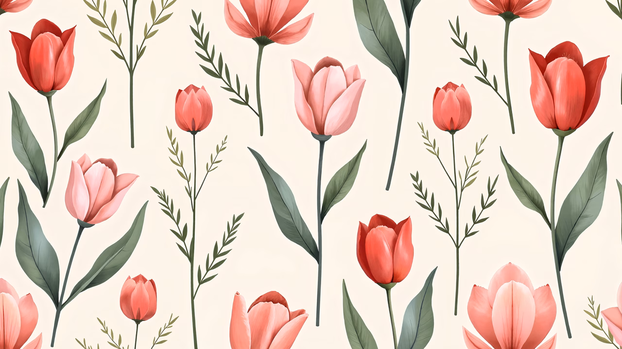 Vibrant tulip pattern with detailed petals and green stems on a beige background.
