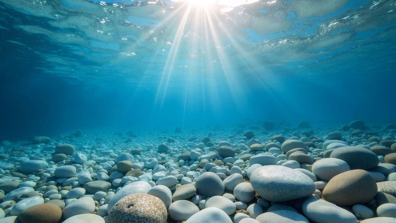 A tranquil underwater scene with sunlight filtering through the water and smooth pebbles.