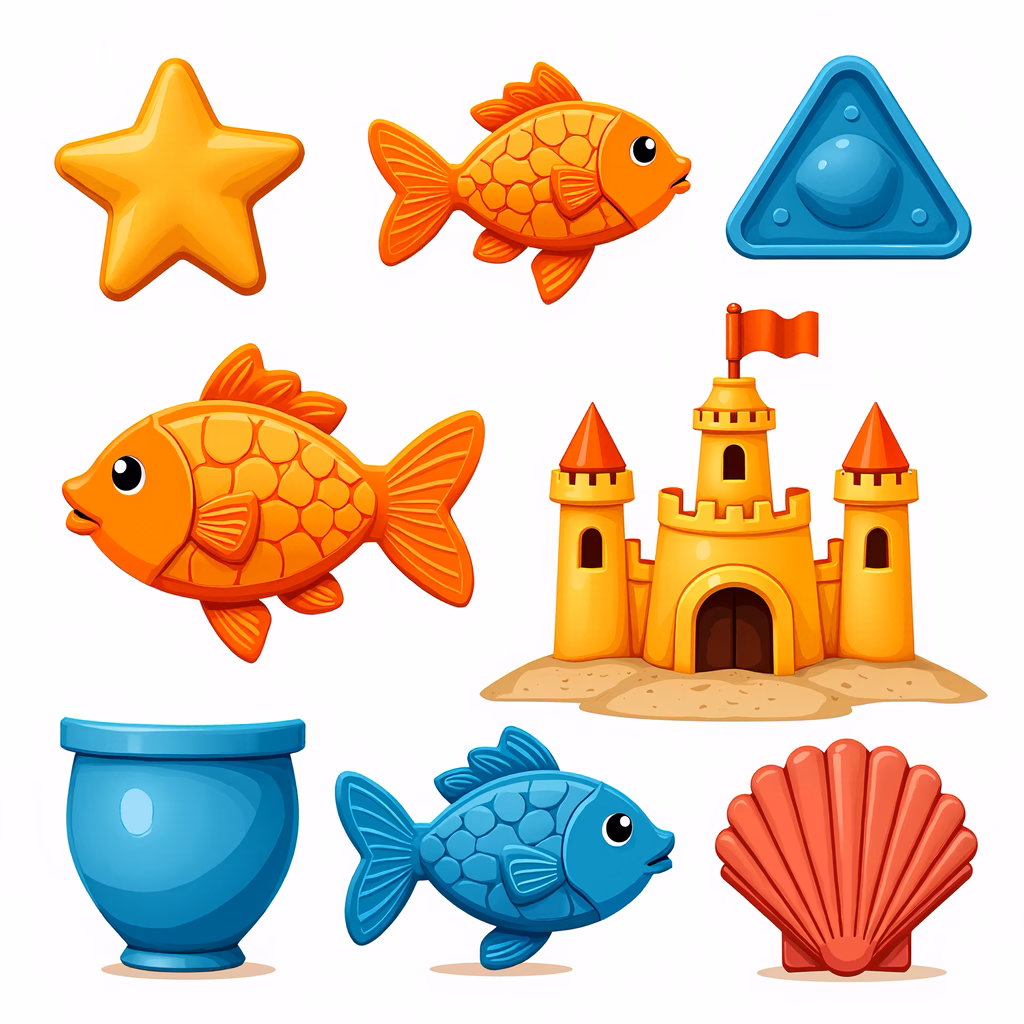 Brightly colored underwater toys for kids, featuring fish, a starfish, a seashell, a sandcastle, and a bucket.
