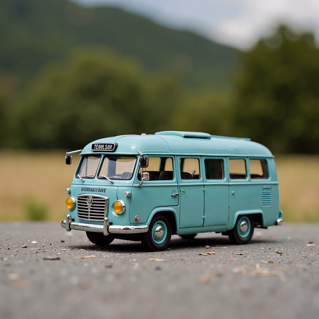 Detailed vintage bus model in teal, set against a natural backdrop.