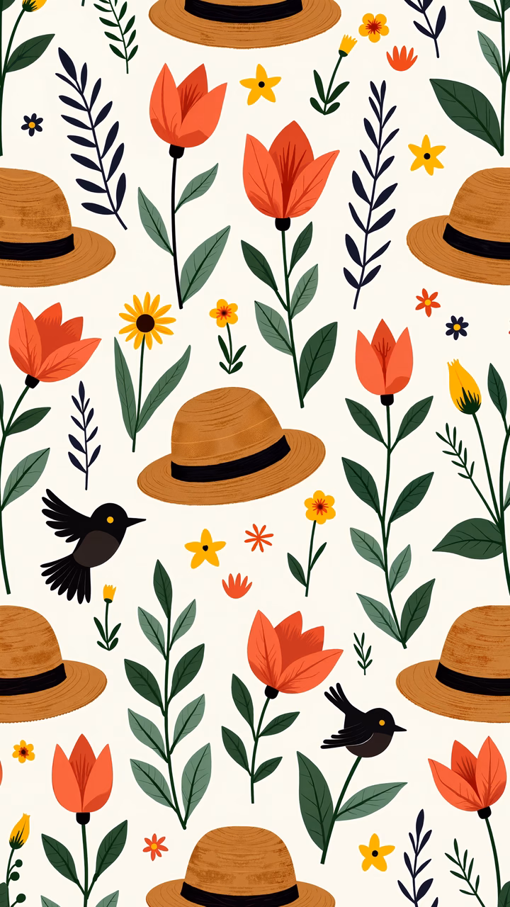 Vintage hats and flowers in a cheerful, whimsical illustration.