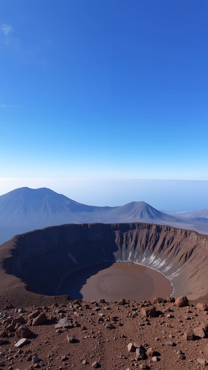 Stunning volcanic crater landscape with dramatic contrast and rugged terrain.