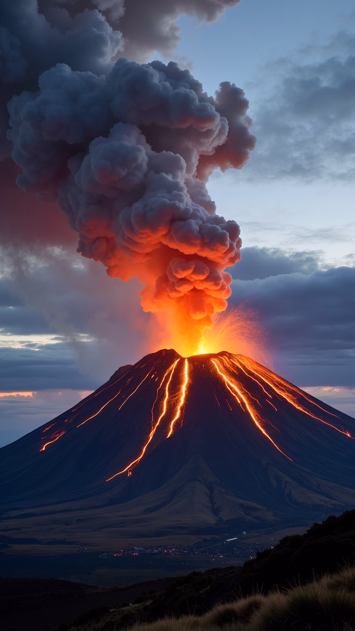 Volcano erupting at dusk, showcasing fiery lava and smoke.