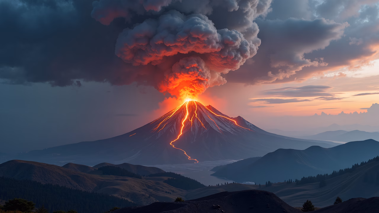 Dramatic volcanic eruption with flowing lava and smoke at twilight.