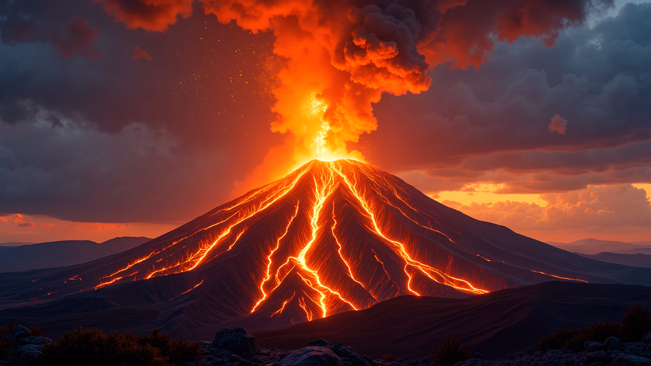 Vibrant volcanic eruption with dramatic lighting and contrasting colors.