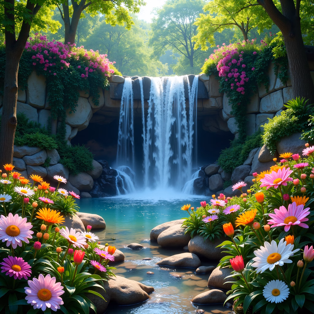 A picturesque waterfall surrounded by colorful flowers and verdant foliage.