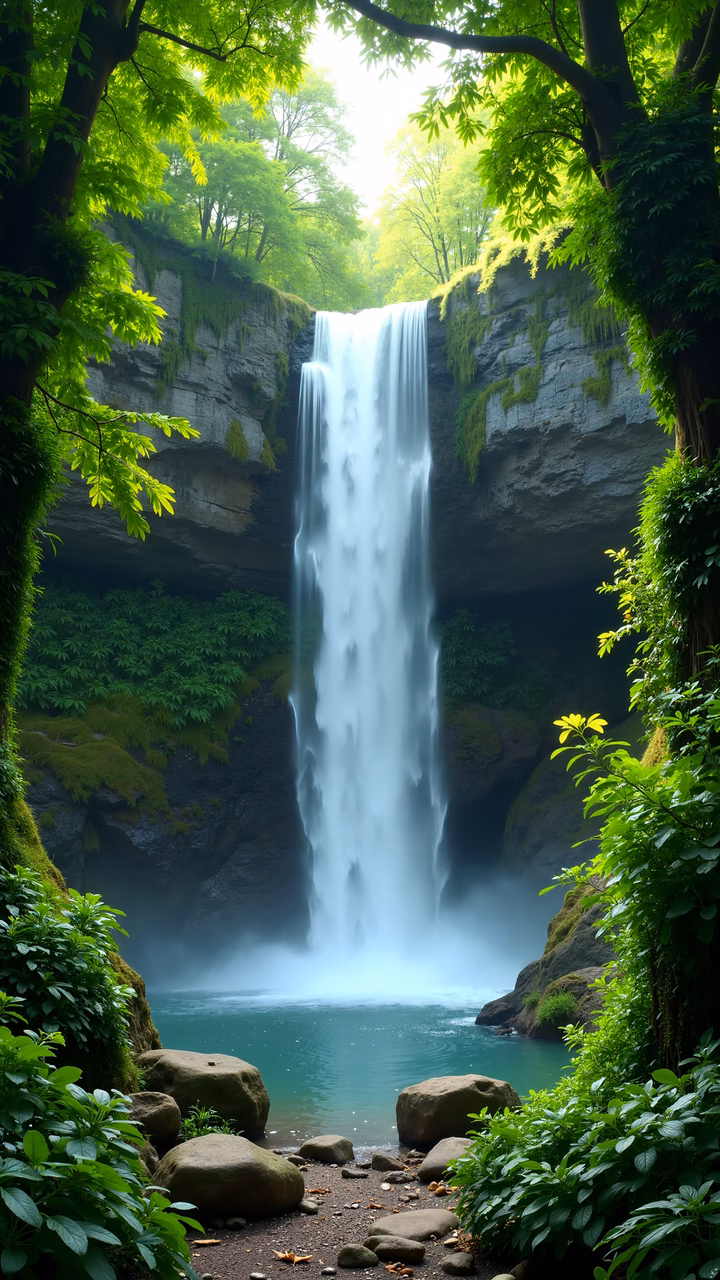 A tranquil waterfall nestled in a lush forest, capturing the essence of nature's serenity.