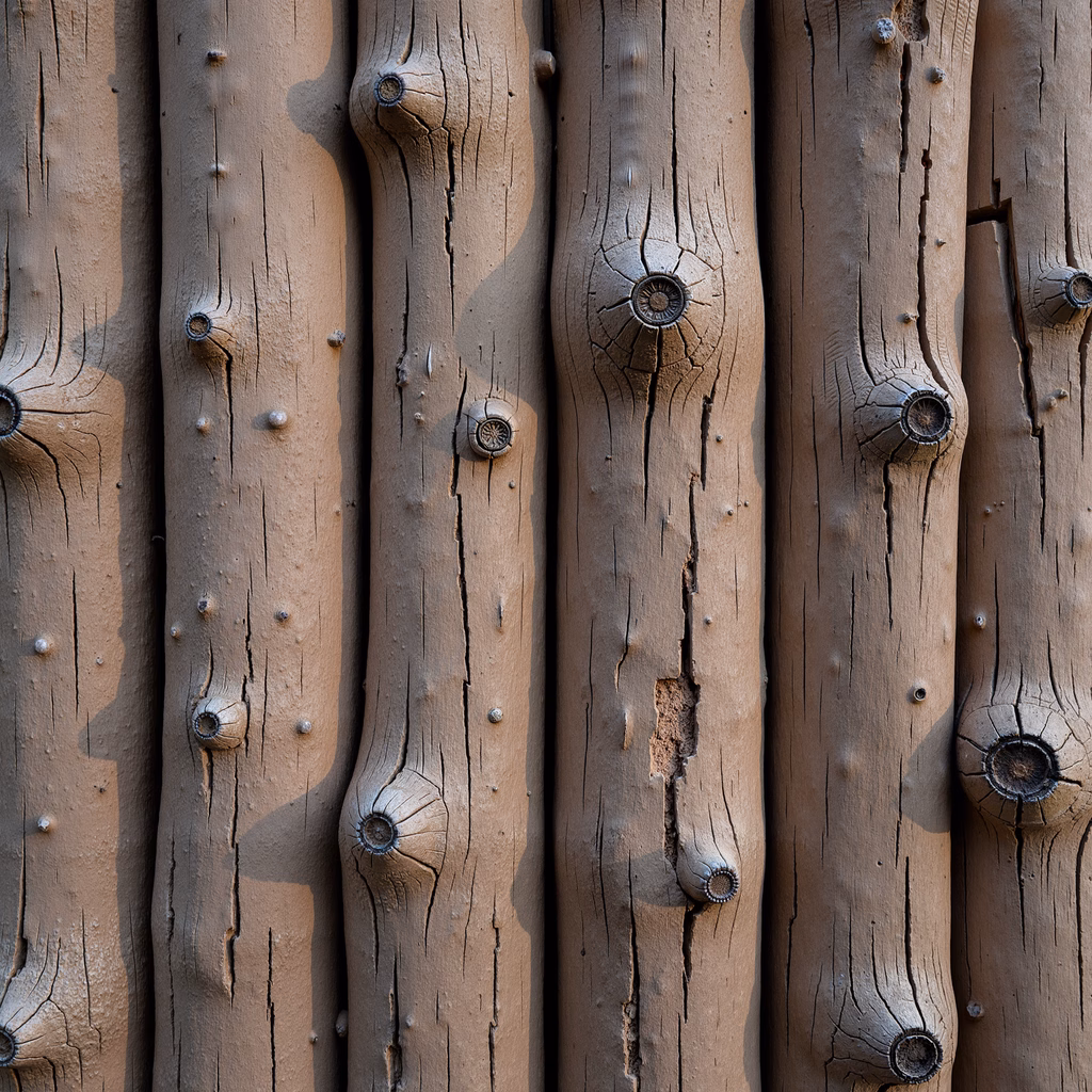 Close-up of a weathered log wall with detailed textures and warm beige tones.