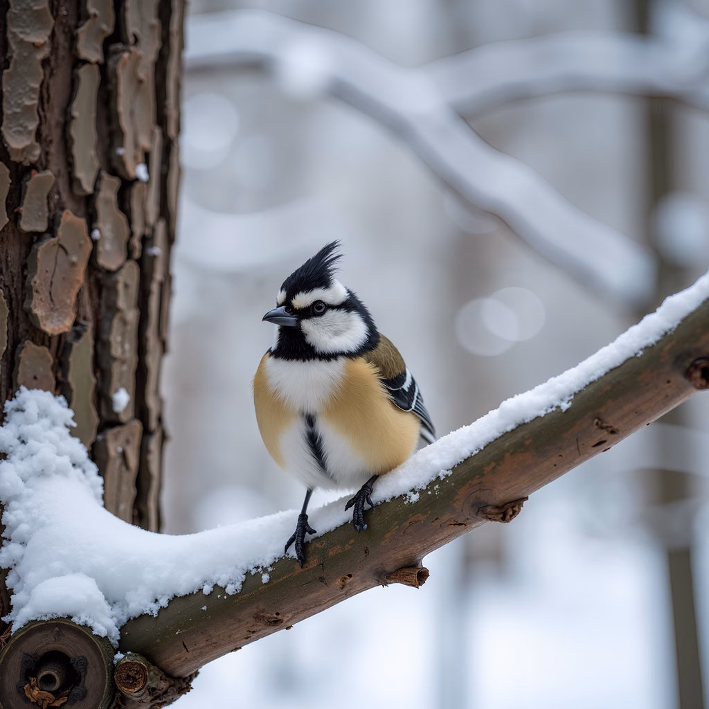 A delicate winter scene featuring a colorful bird amidst snow and nature.
