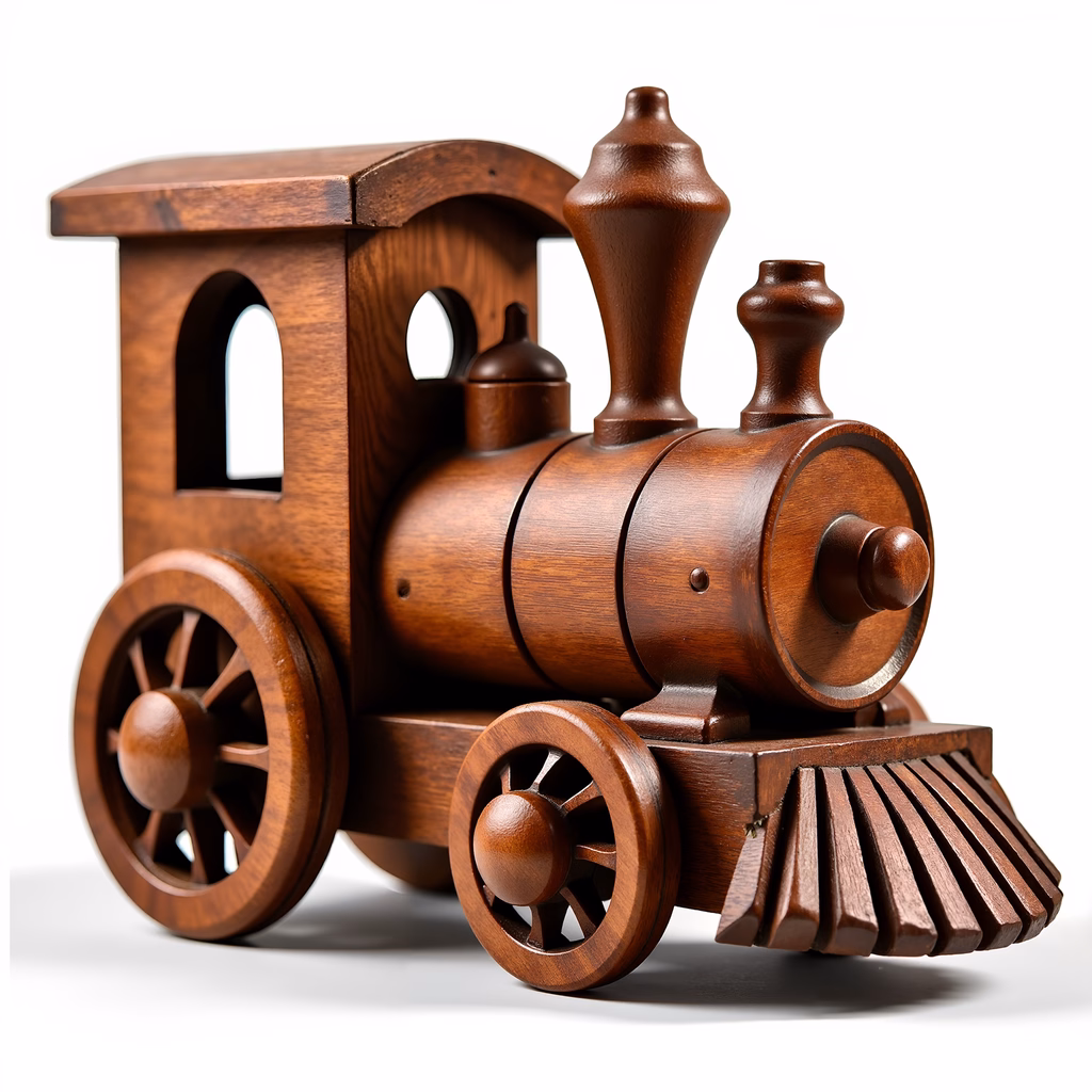Detailed wooden train sculpture with rich, warm tones and intricate details.