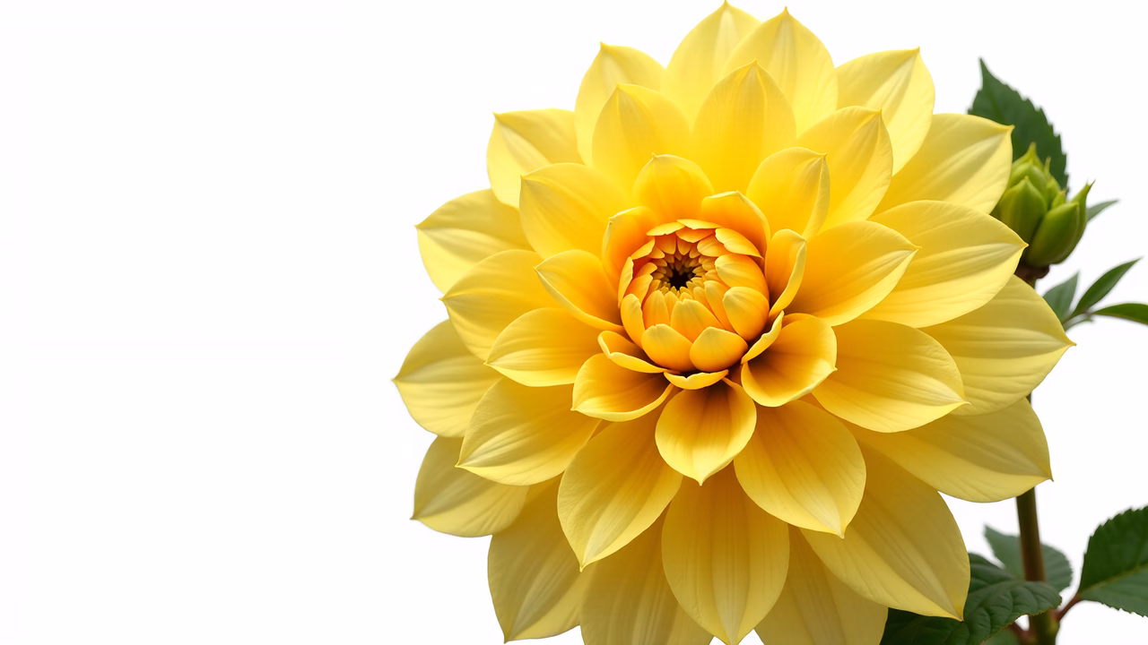 Vibrant yellow dahlia against a white backdrop, floral photography.