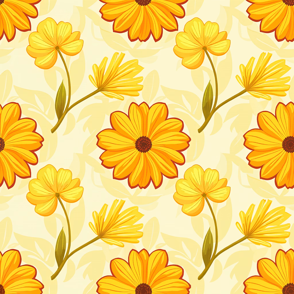 Vibrant yellow floral pattern on a beige background, cartoonish style, joyful atmosphere.