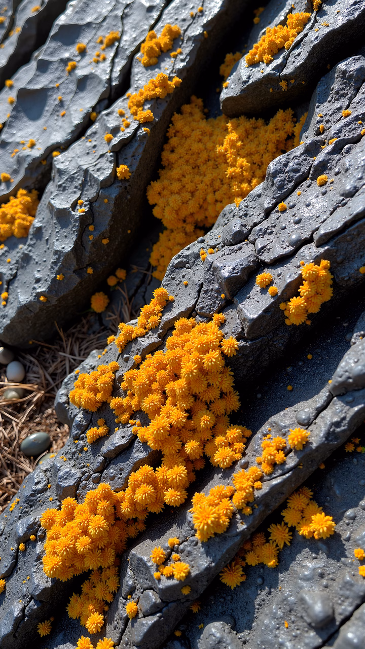 Vibrant yellow flowers amidst rugged dark rocks, showcasing nature's resilience and beauty.