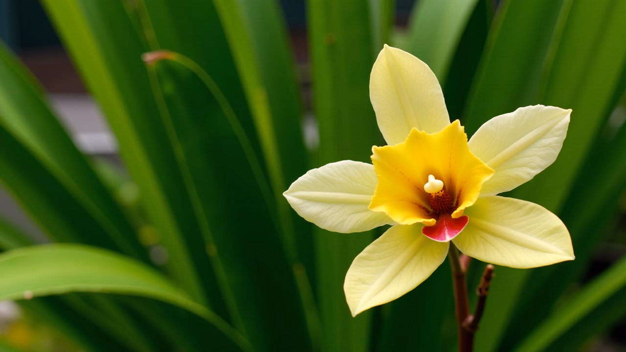 A stunning close-up of a yellow orchid surrounded by green leaves, highlighting its delicate beauty and vibrant colors.