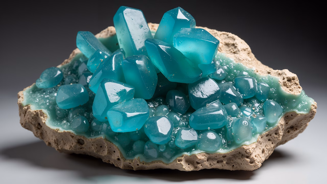 Vibrant teal aquamarine crystals on a beige rock