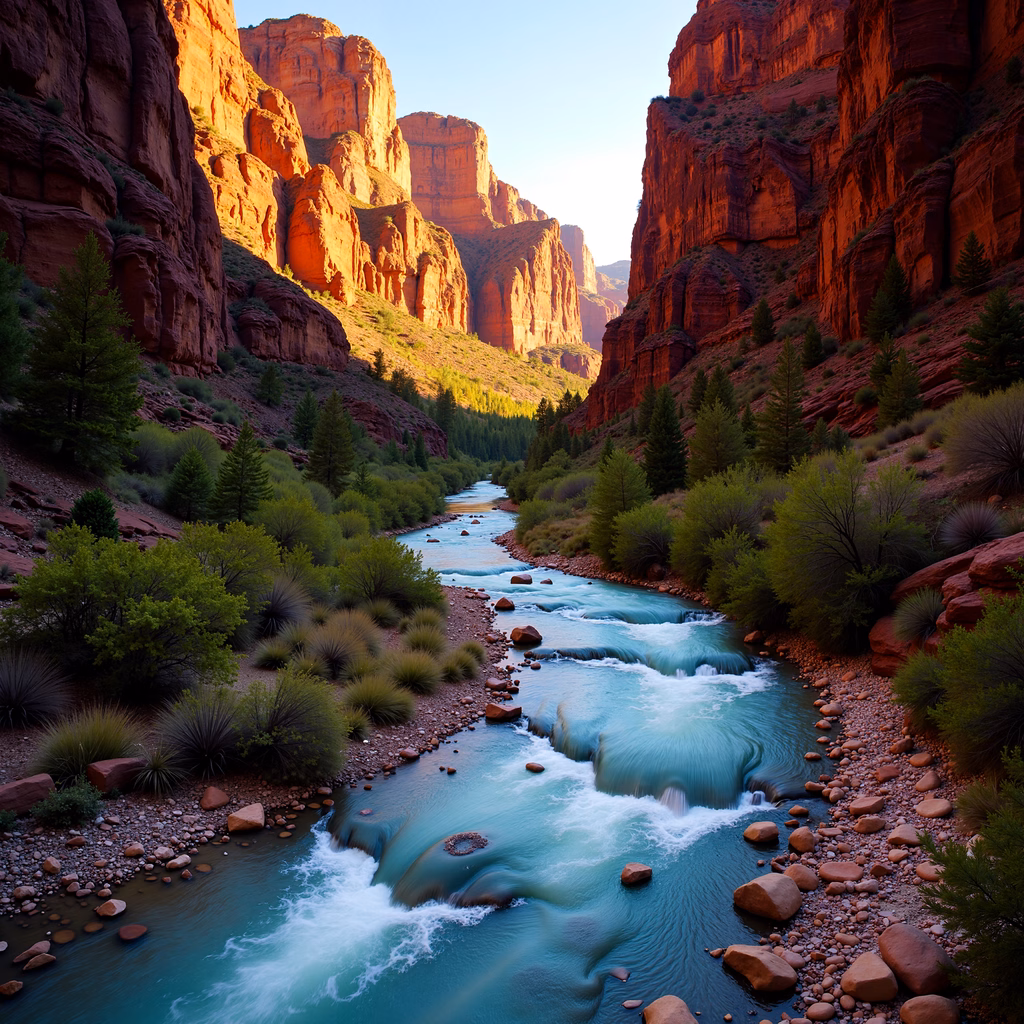 A tranquil river flows through a majestic canyon, surrounded by red rocks and greenery.