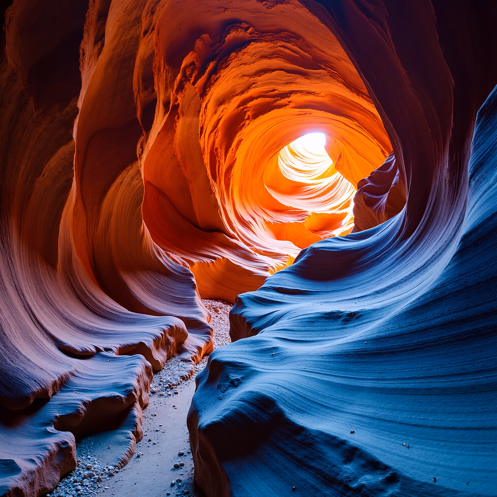 Mesmerizing canyon tunnel with warm and cool tones creating a dramatic interplay of light and shadow.