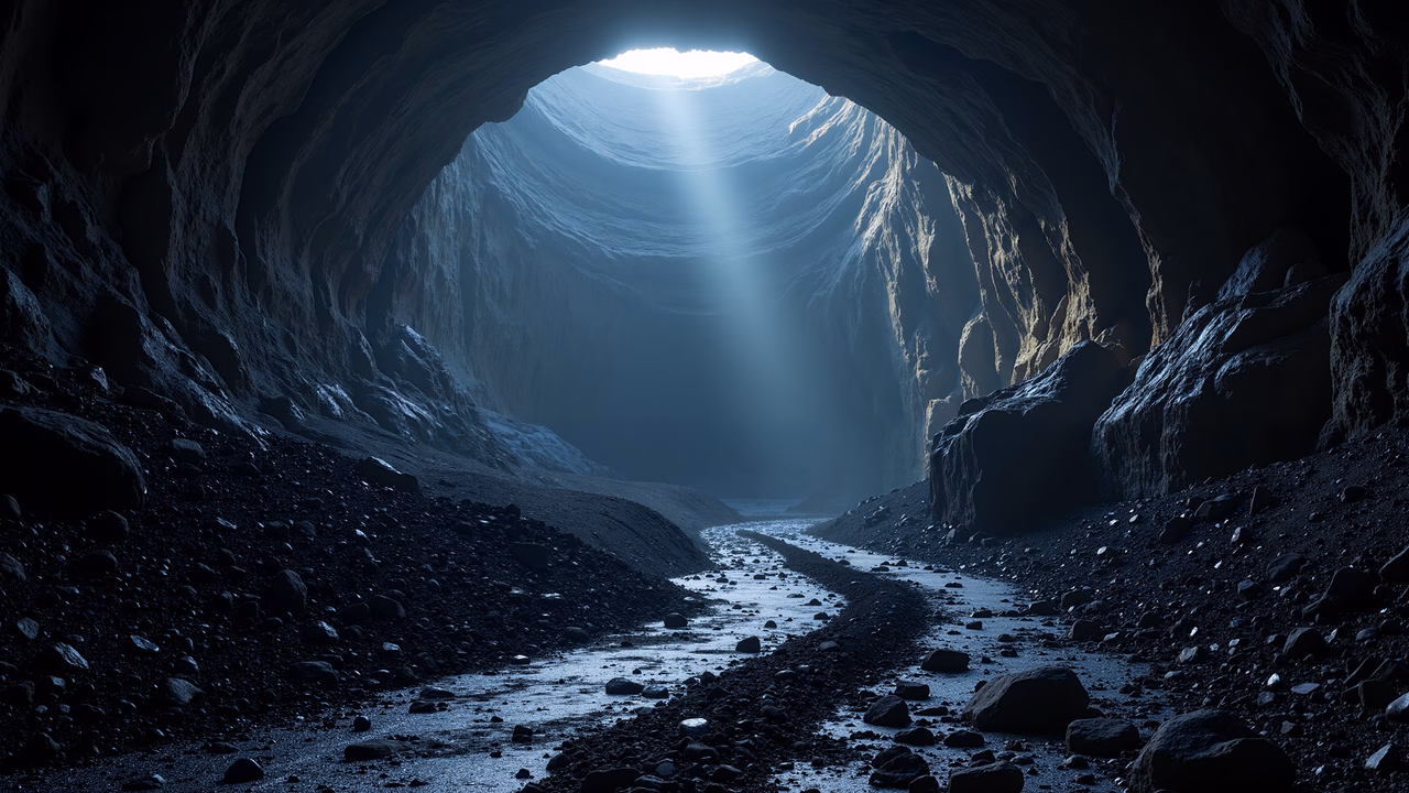 Dramatic cave entrance with natural light streaming through a small opening.